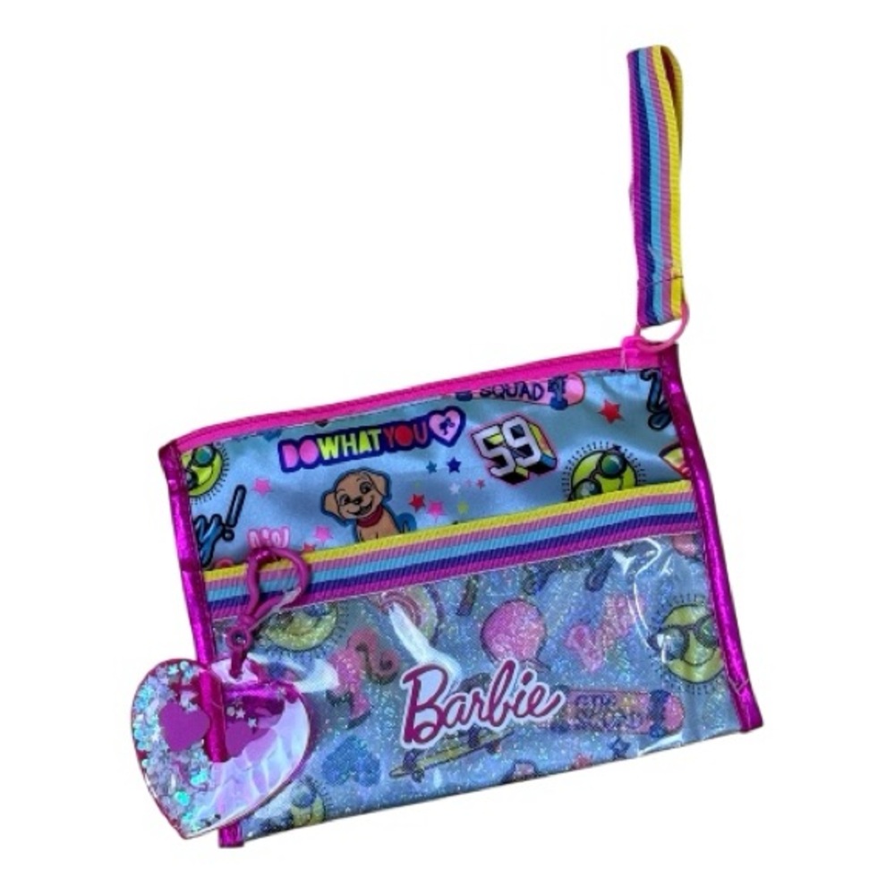 Barbie Squad Glitter Wristlet Pouch Wallet Zip Case w/ Charm – New